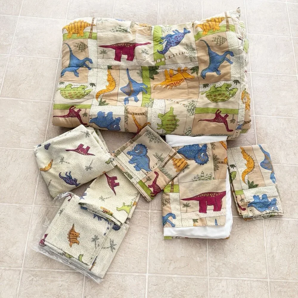Vintage Dinoland Twin Reversible 7 pc Comforter Sheet Set 2002 Dinosaur 82 x 64